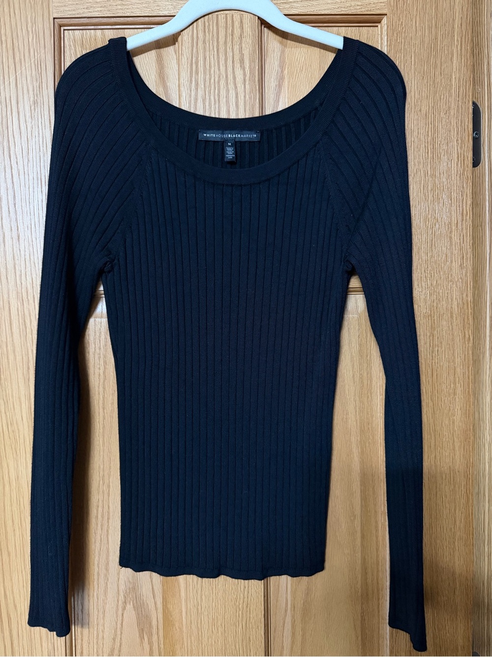 White House Black Market Black Ribbed Scoop-Neck Long Sleeve Top